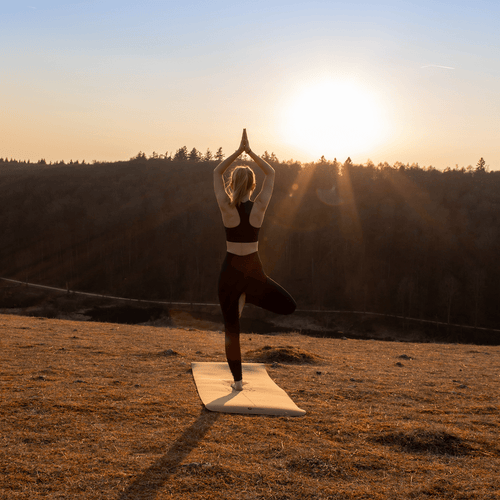 yogamatten aus Kork nachhaltig kaufen - nadine macht yoga von hinten aufgenommen am berg