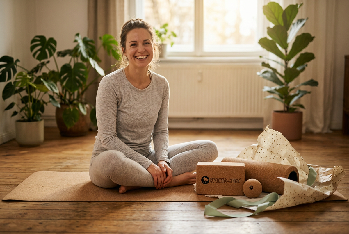 Lächelnde Frau im Yogasitz mit Korkmatte, Blöcken und Zubehör