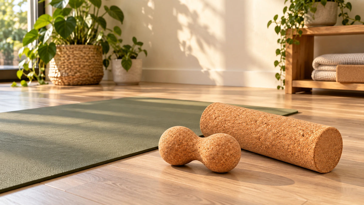 Kork-Massagerolle und Erdnussball neben einer grünen Yogamatte in einem hellen Raum.