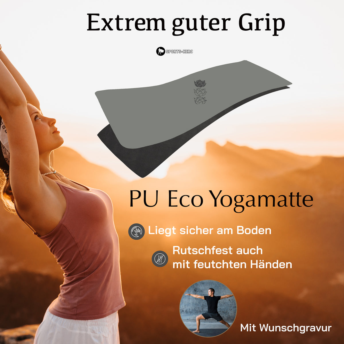 Yogamatte personalisiert Naturkautschuk Eco-PU Niyama - Grau Grey Warrior - Sports-Hero