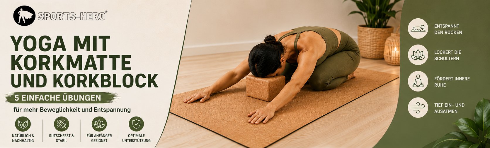 Yoga Übung mit richtiger Korkmatte und Korkblock - Frau macht Übung richtig 