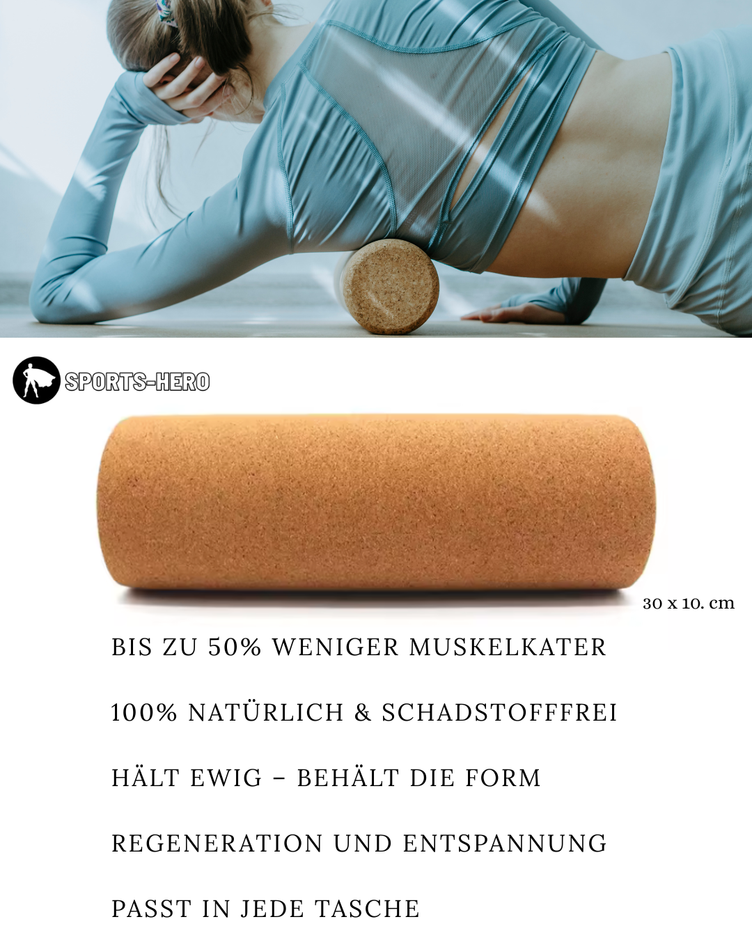 Personalisiertes Sports-Hero Faszienrolle aus Kork, langlebiger Massagerolle für Muskelentspannung und Faszienmassage.