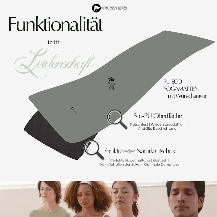 Yogamatte personalisiert Naturkautschuk Eco-PU Niyama - Grau Grey Warrior - Sports-Hero