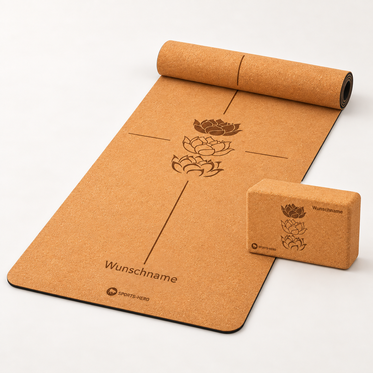 Yogamatte und Block aus Kork personalisiert im Set Basic - Deine Wunschgravur
